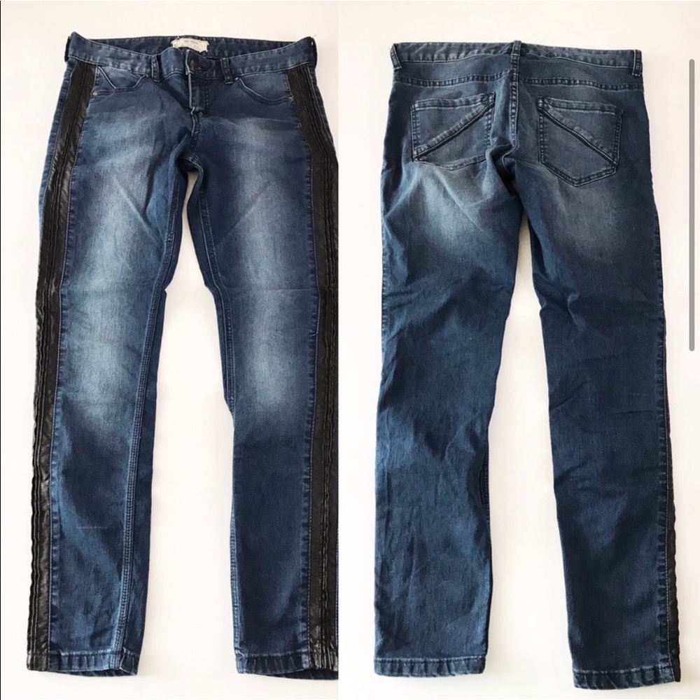 Free People Vegan Leather Trim Skinny Jeans Blue